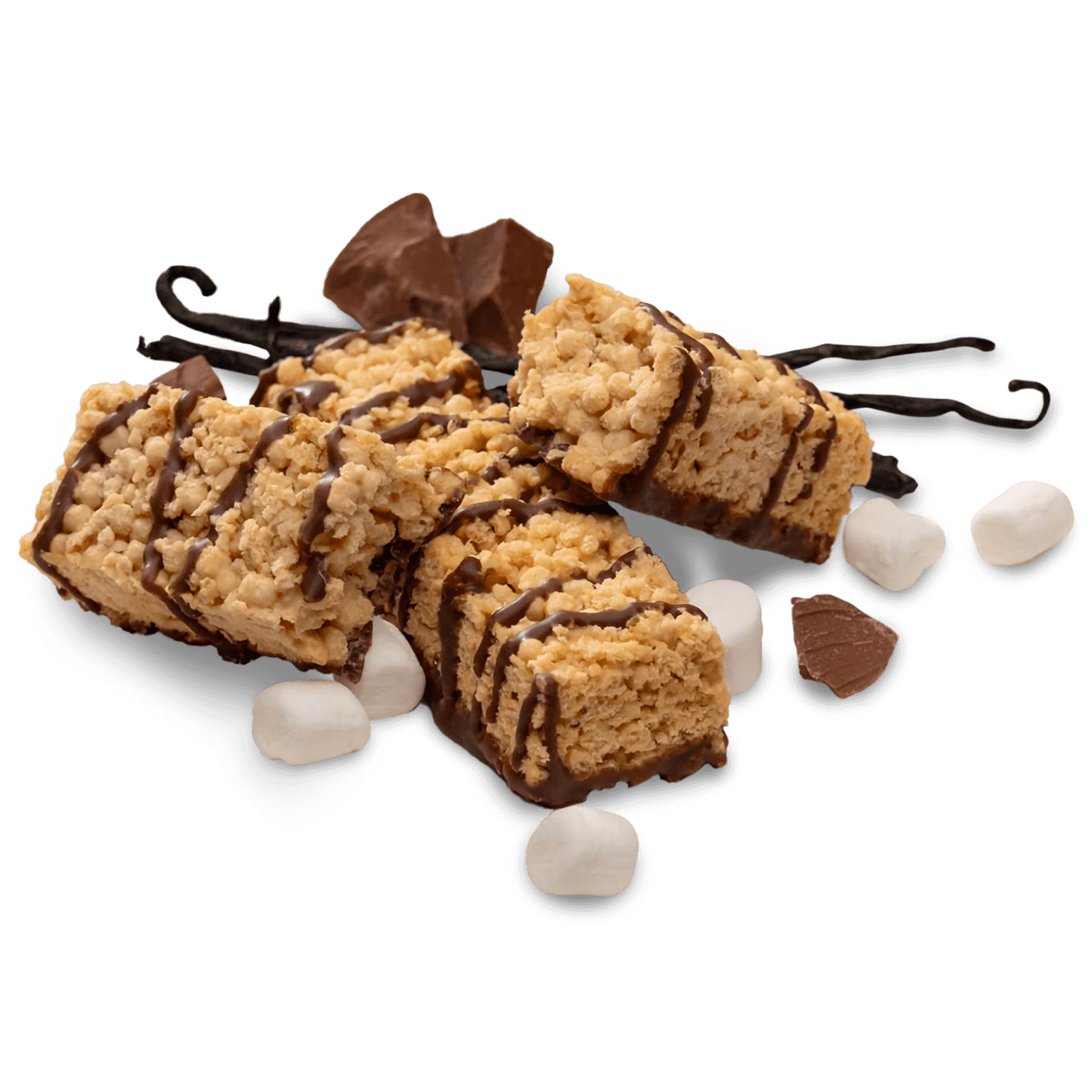 Delicious protein bars with chocolate drizzle, crispy texture, and marshmallows on a decorative background.